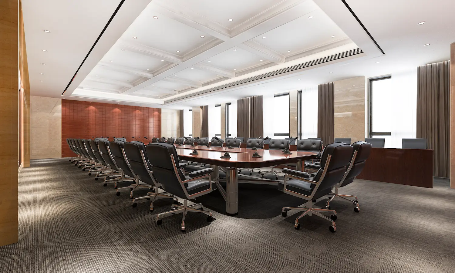 A high-rise boardroom with a long table and city views